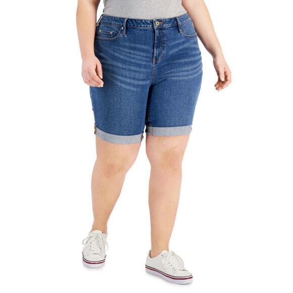 TOMMY HILFIGER Women's TH Flex Denim Shorts 24W Blue Cuffed 9" Inseam Cuffed NWT - Picture 1 of 11
